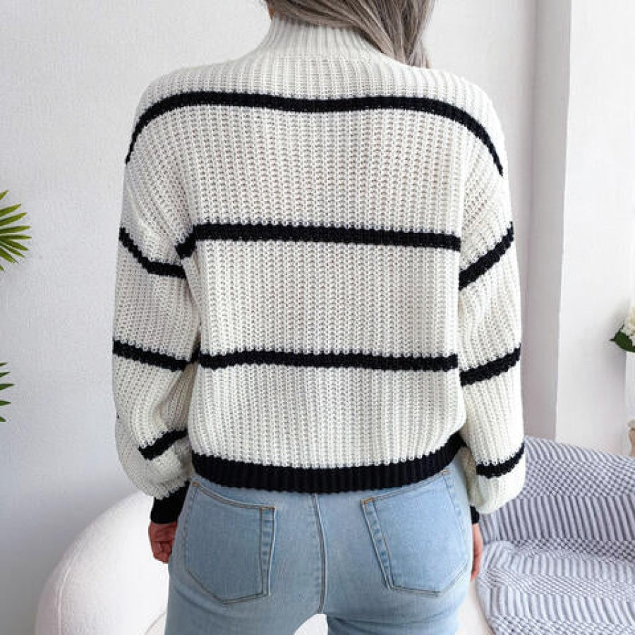 Striped Mock Neck Dropped Shoulder Sweater Light Gray / S