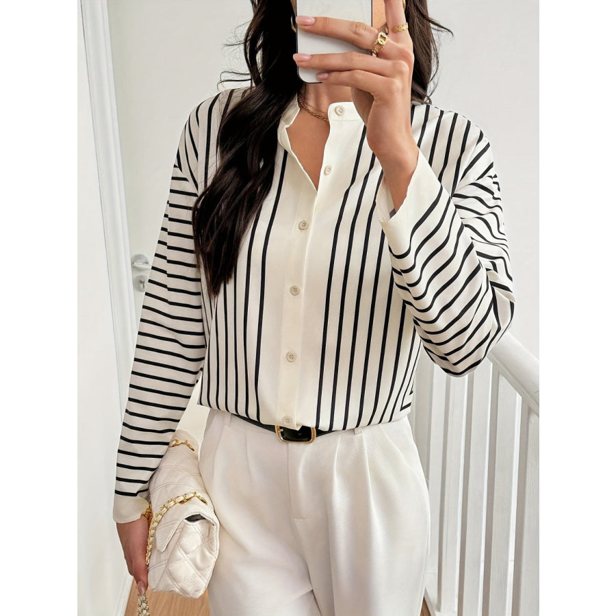 Striped Mock Neck Long Sleeve Shirt Apparel and Accessories