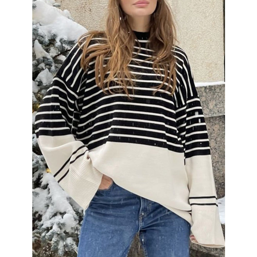 Striped Mock Neck Long Sleeve Sweater Apparel and Accessories