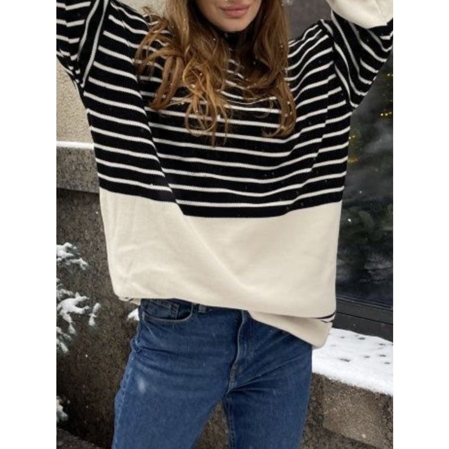 Striped Mock Neck Long Sleeve Sweater Apparel and Accessories