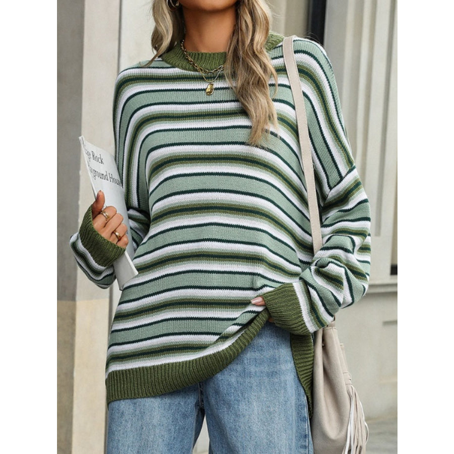 Striped Mock Neck Long Sleeve Sweater Apparel and Accessories