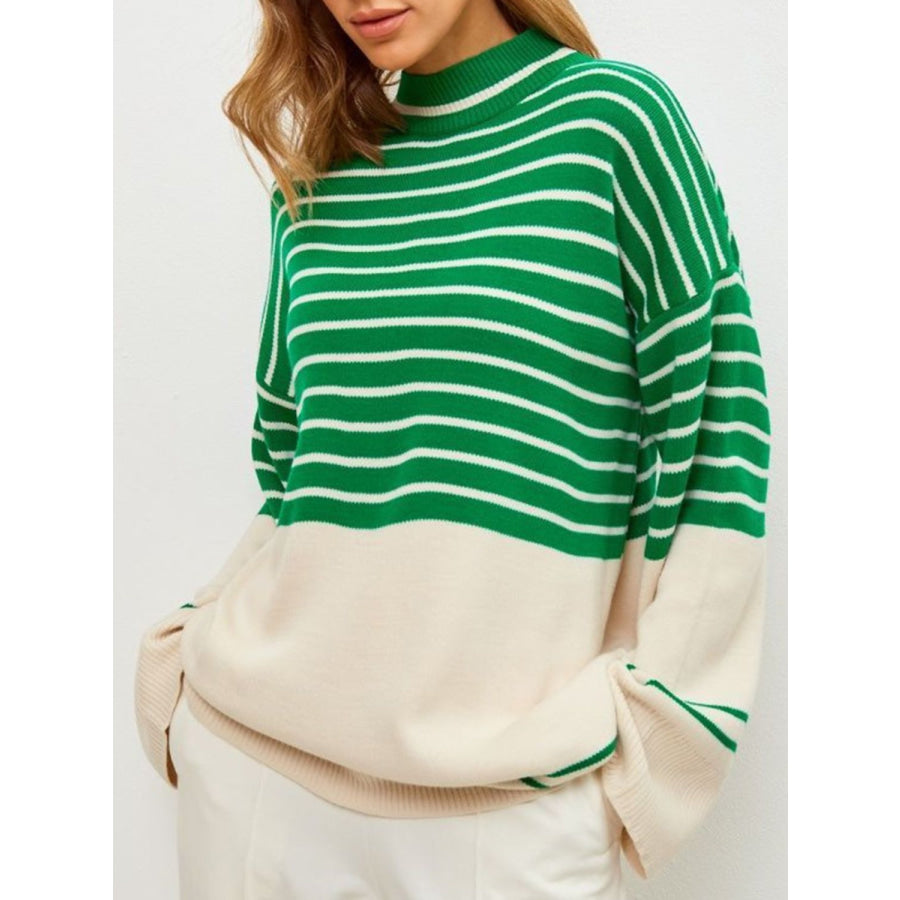 Striped Mock Neck Long Sleeve Sweater Apparel and Accessories