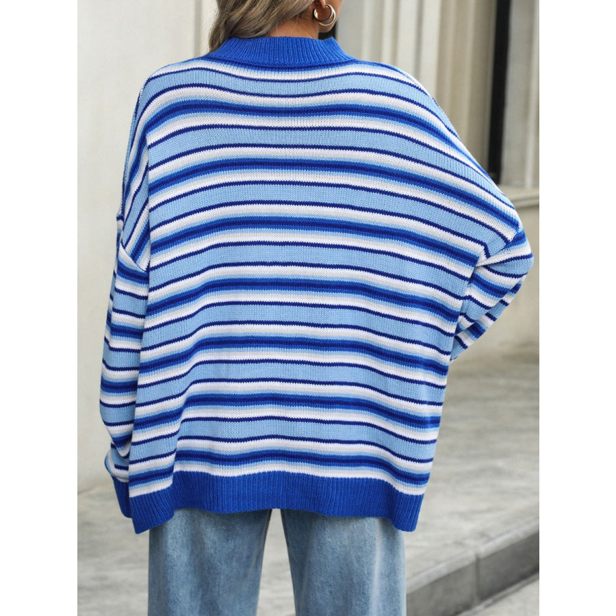 Striped Mock Neck Long Sleeve Sweater Apparel and Accessories