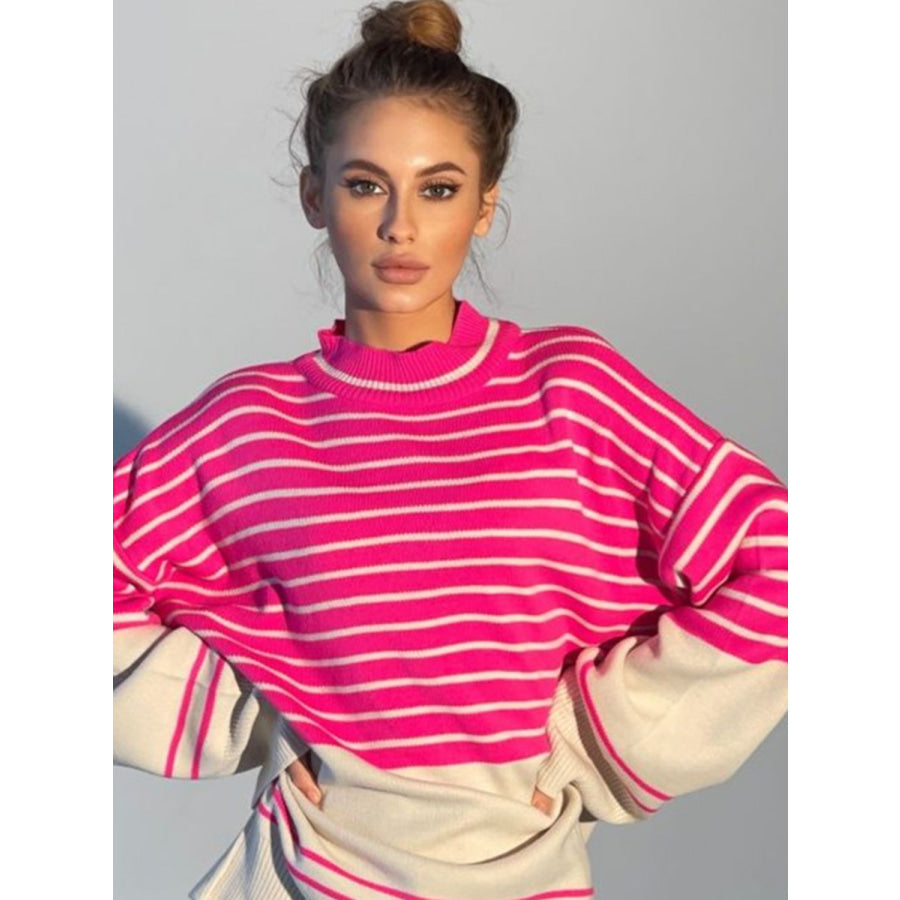 Striped Mock Neck Long Sleeve Sweater Apparel and Accessories