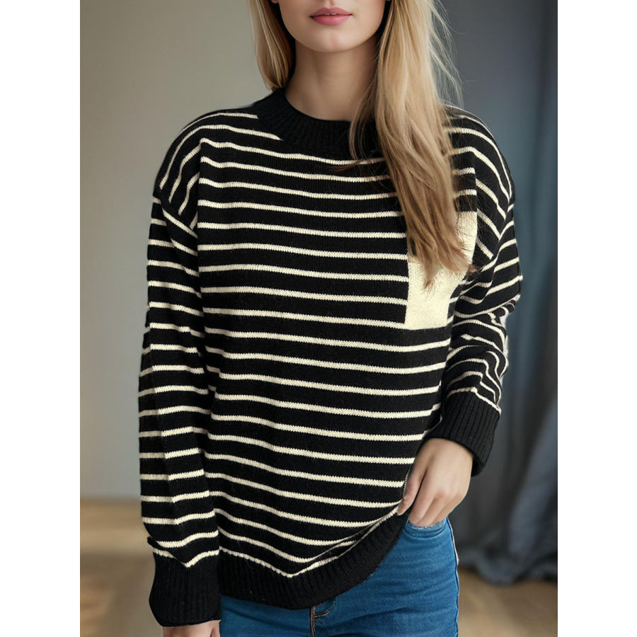 Striped Mock Neck Long Sleeve Sweater Apparel and Accessories