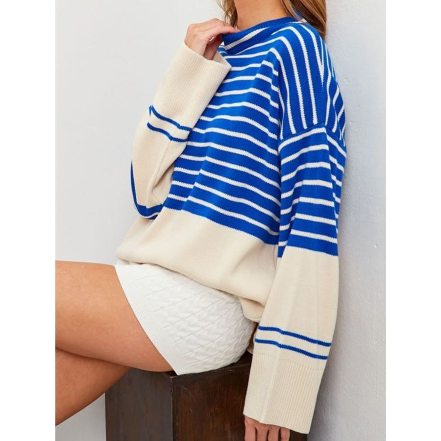 Striped Mock Neck Long Sleeve Sweater Apparel and Accessories