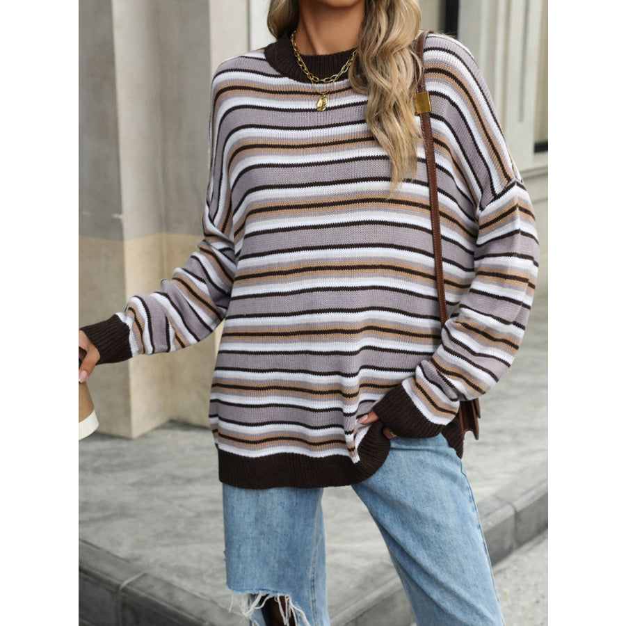 Striped Mock Neck Long Sleeve Sweater Apparel and Accessories