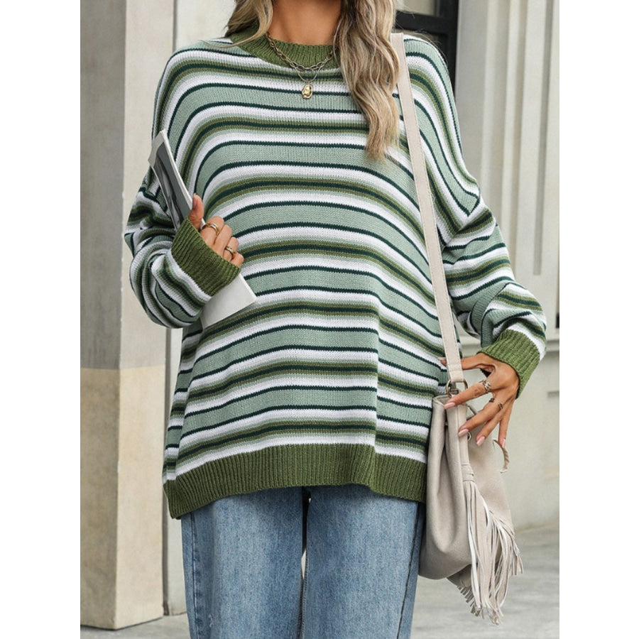 Striped Mock Neck Long Sleeve Sweater Apparel and Accessories