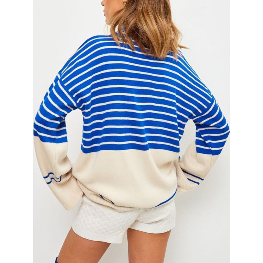 Striped Mock Neck Long Sleeve Sweater Apparel and Accessories