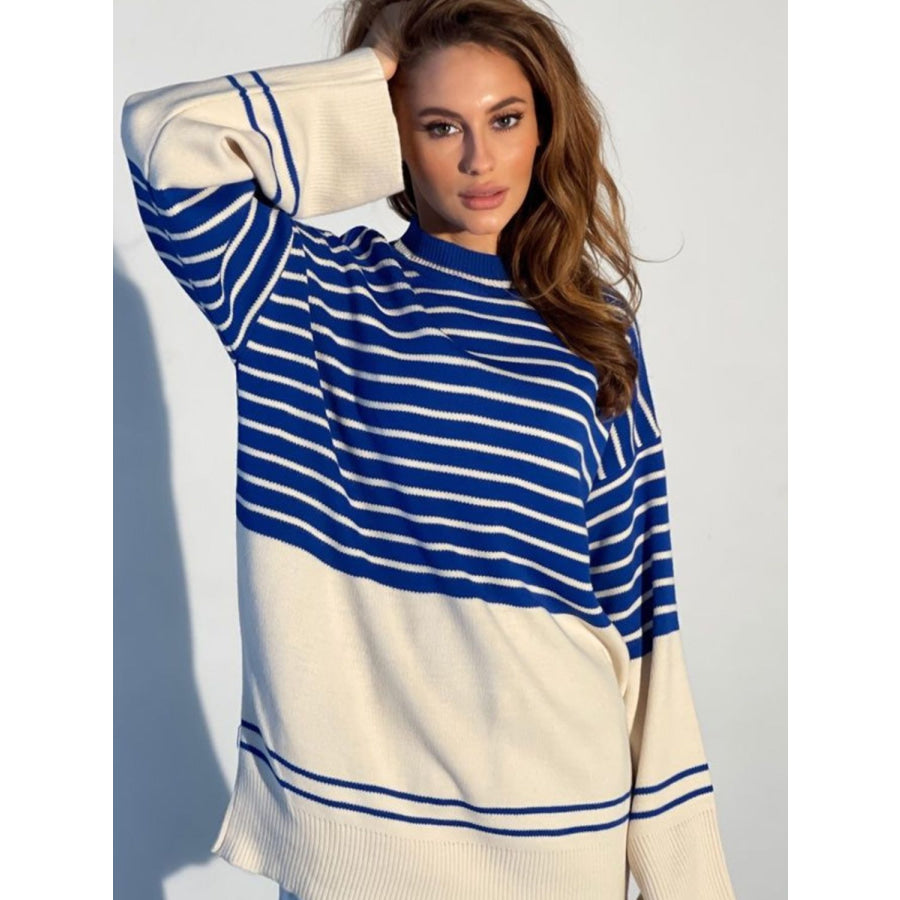 Striped Mock Neck Long Sleeve Sweater Apparel and Accessories