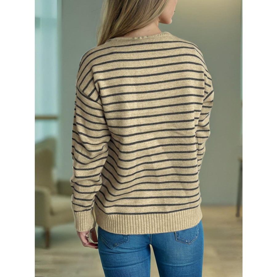 Striped Mock Neck Long Sleeve Sweater Apparel and Accessories