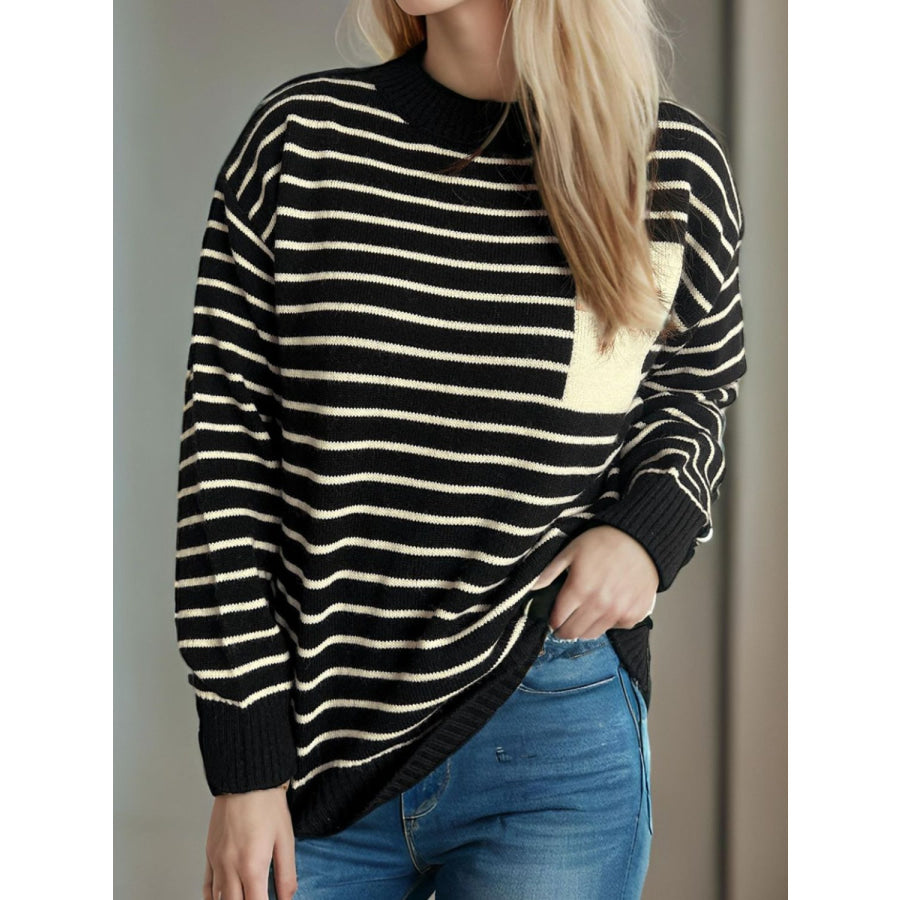 Striped Mock Neck Long Sleeve Sweater Apparel and Accessories