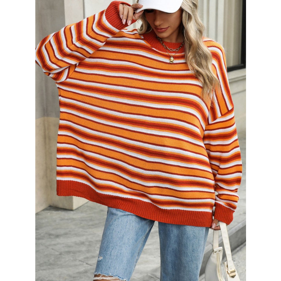 Striped Mock Neck Long Sleeve Sweater Apparel and Accessories