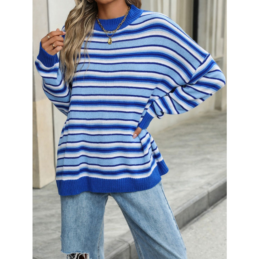 Striped Mock Neck Long Sleeve Sweater Apparel and Accessories