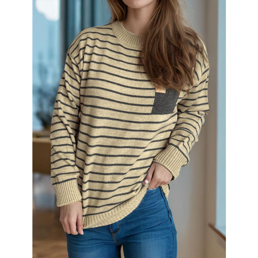 Striped Mock Neck Long Sleeve Sweater Apparel and Accessories