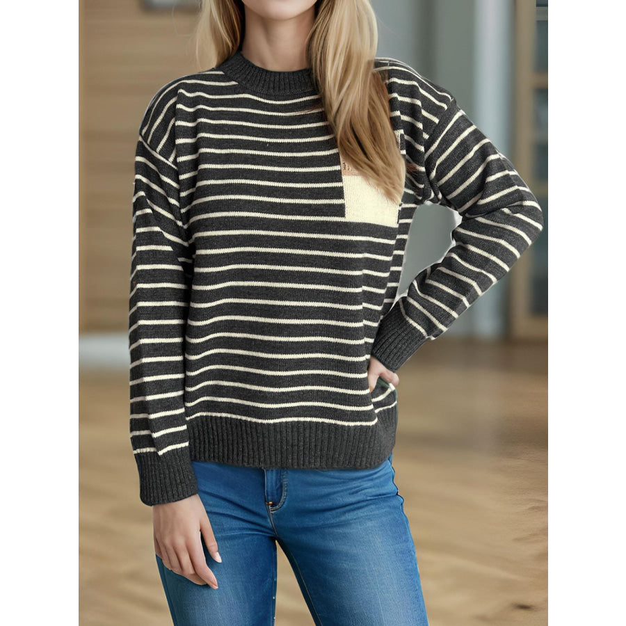 Striped Mock Neck Long Sleeve Sweater Apparel and Accessories