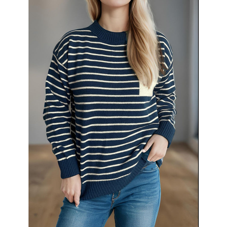 Striped Mock Neck Long Sleeve Sweater Apparel and Accessories