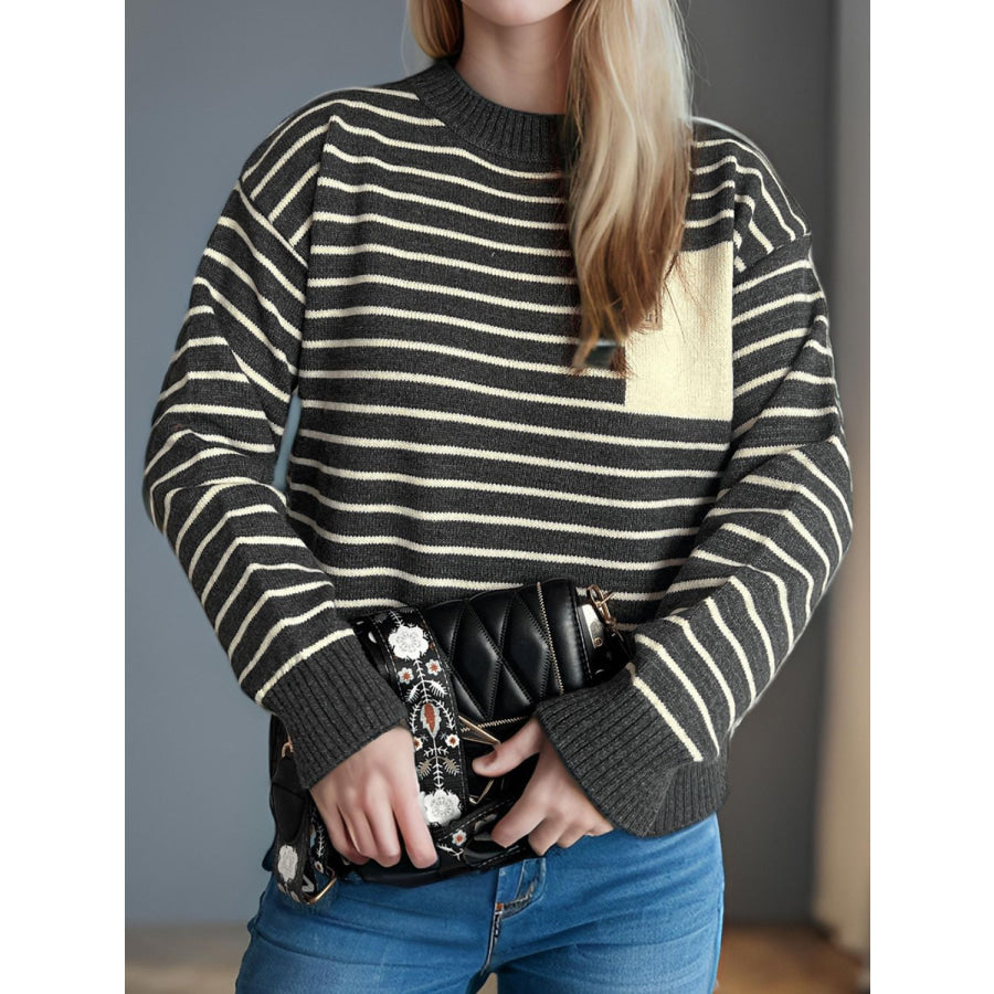 Striped Mock Neck Long Sleeve Sweater Apparel and Accessories