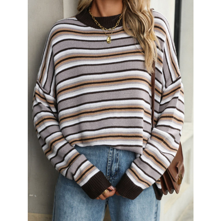 Striped Mock Neck Long Sleeve Sweater Apparel and Accessories