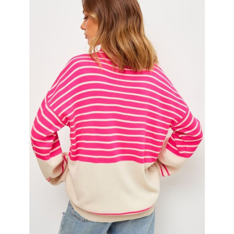 Striped Mock Neck Long Sleeve Sweater Apparel and Accessories