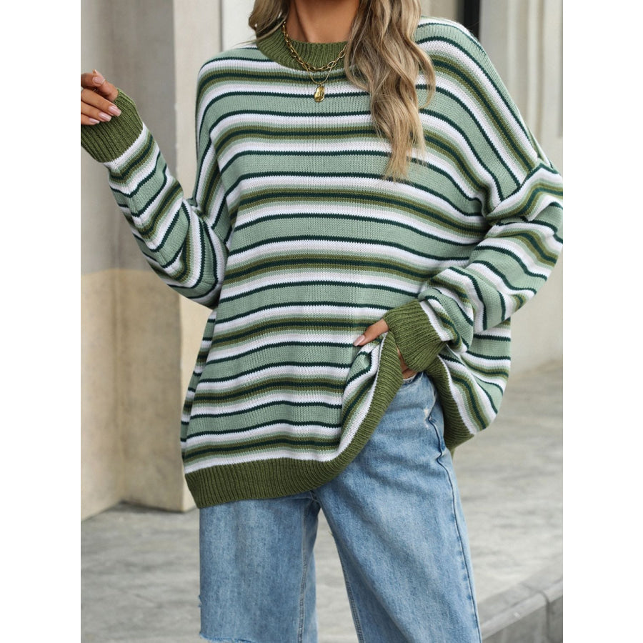 Striped Mock Neck Long Sleeve Sweater Army Green / S Apparel and Accessories