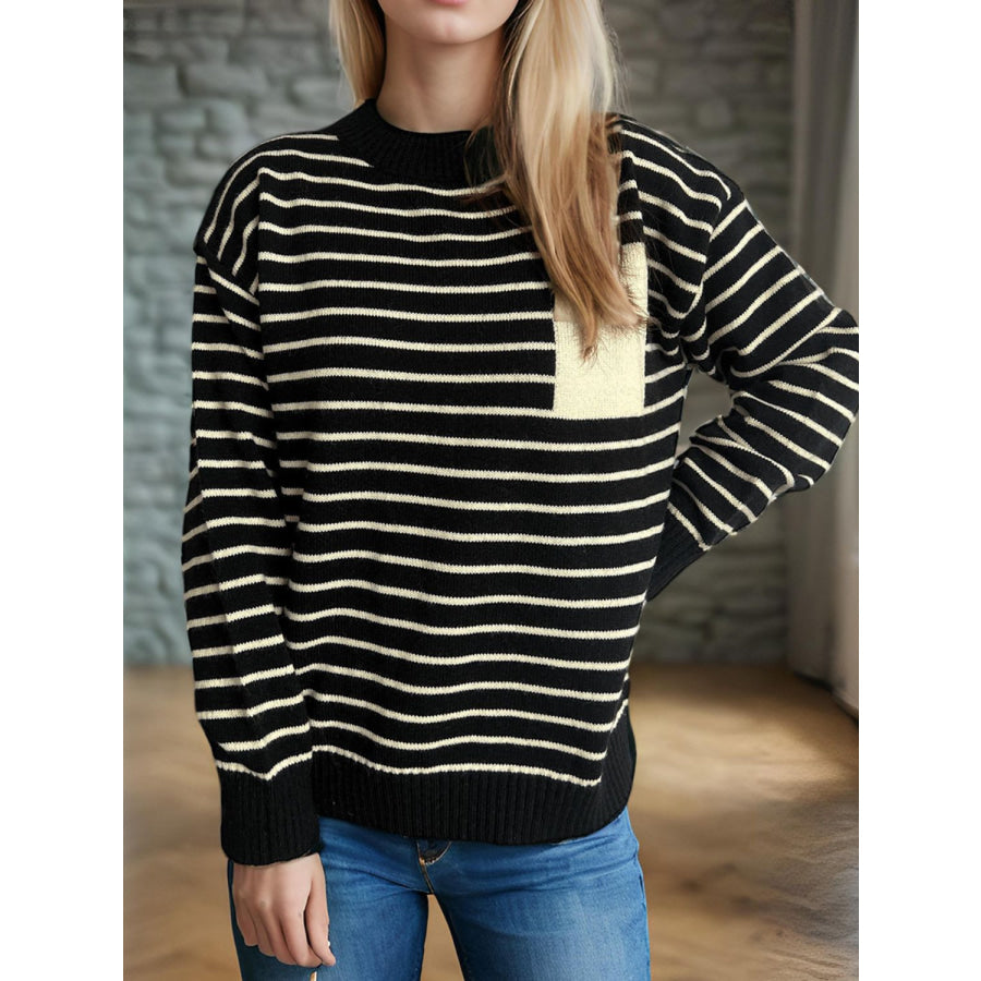 Striped Mock Neck Long Sleeve Sweater Black / One Size Apparel and Accessories