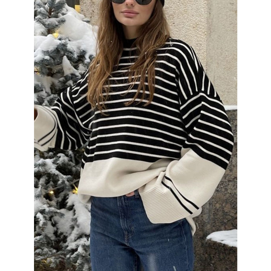 Striped Mock Neck Long Sleeve Sweater Black / S Apparel and Accessories