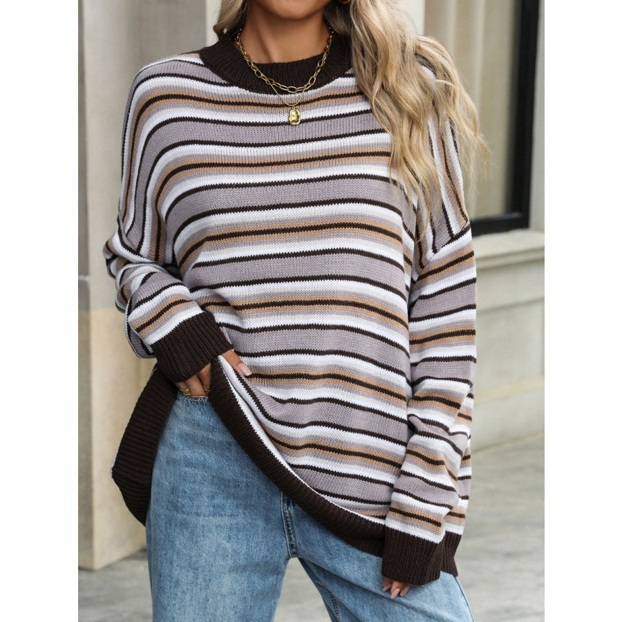 Striped Mock Neck Long Sleeve Sweater Coffee Brown / S Apparel and Accessories