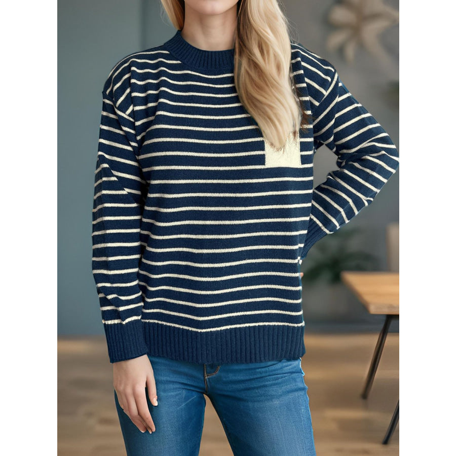 Striped Mock Neck Long Sleeve Sweater Dark Blue / One Size Apparel and Accessories