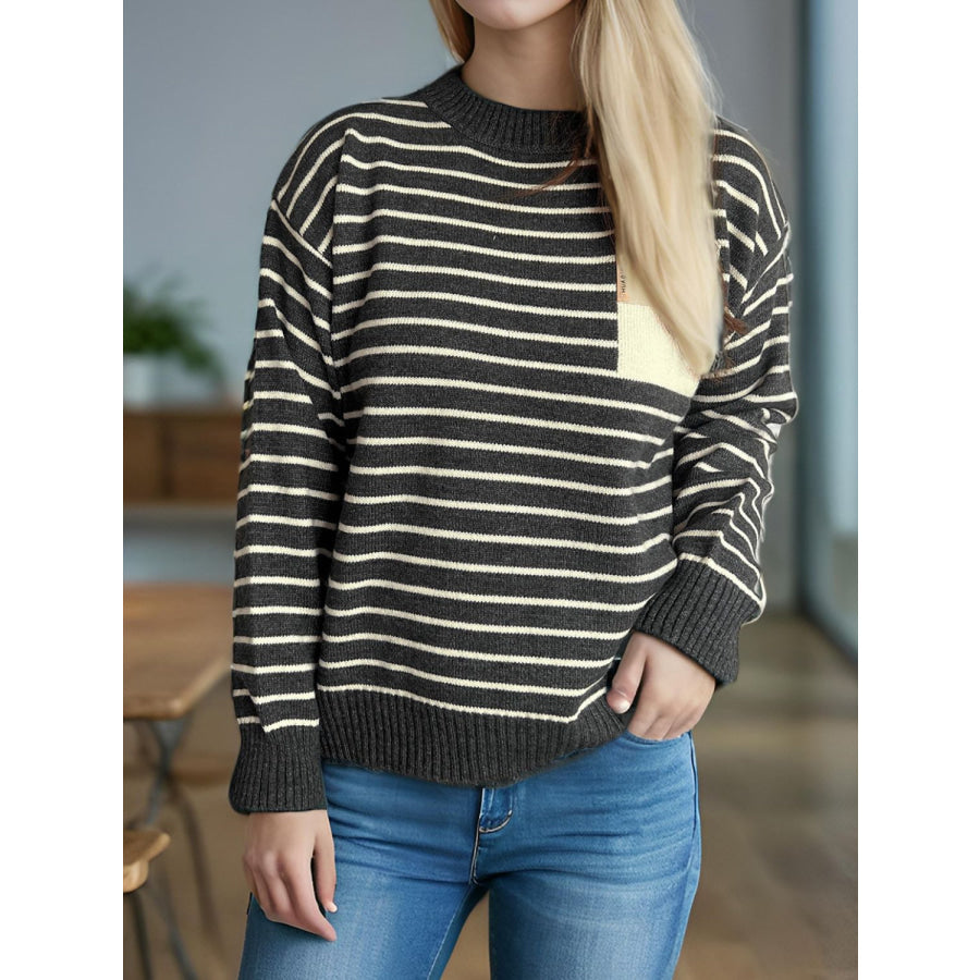 Striped Mock Neck Long Sleeve Sweater Dark Gray / One Size Apparel and Accessories