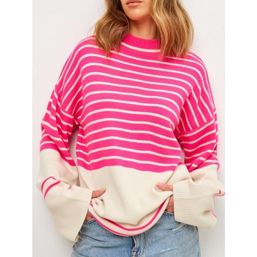 Striped Mock Neck Long Sleeve Sweater Deep Rose / S Apparel and Accessories