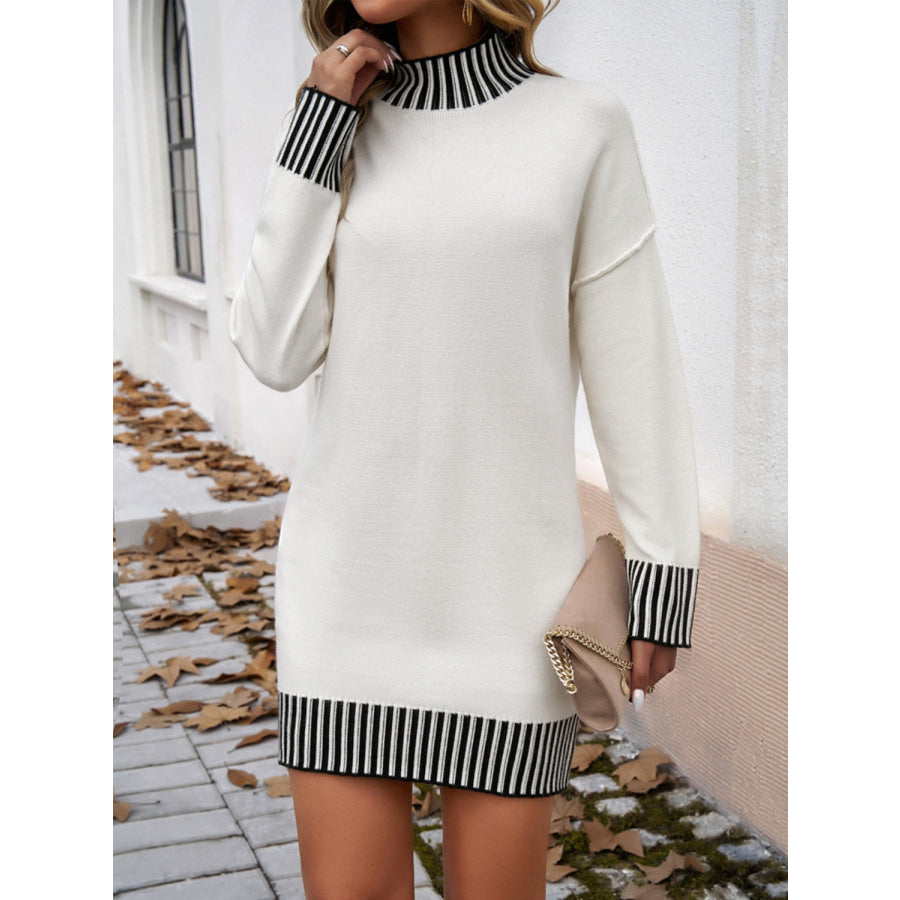 Striped Mock Neck Long Sleeve Sweater Dress Apparel and Accessories