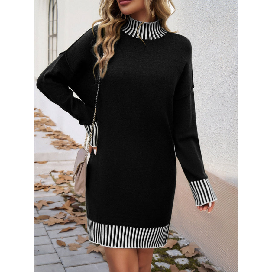 Striped Mock Neck Long Sleeve Sweater Dress Black / S Apparel and Accessories