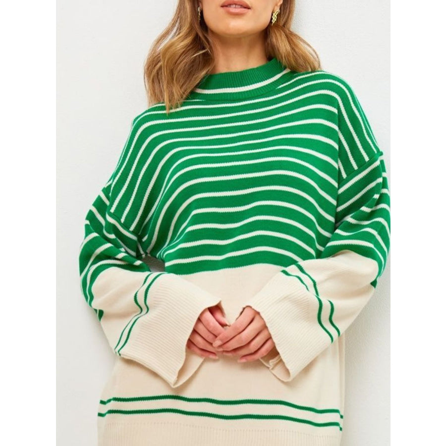 Striped Mock Neck Long Sleeve Sweater Green / S Apparel and Accessories