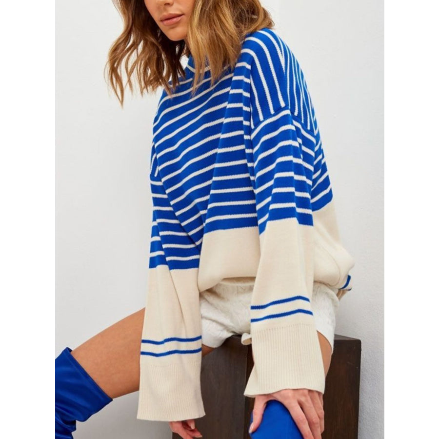 Striped Mock Neck Long Sleeve Sweater Navy / S Apparel and Accessories