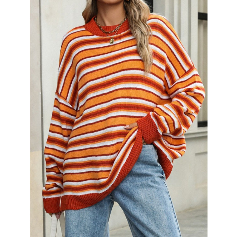 Striped Mock Neck Long Sleeve Sweater Orange / S Apparel and Accessories