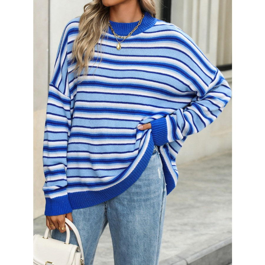 Striped Mock Neck Long Sleeve Sweater Royal Blue / S Apparel and Accessories