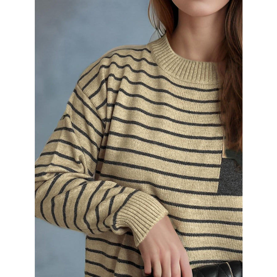 Striped Mock Neck Long Sleeve Sweater Tan / One Size Apparel and Accessories