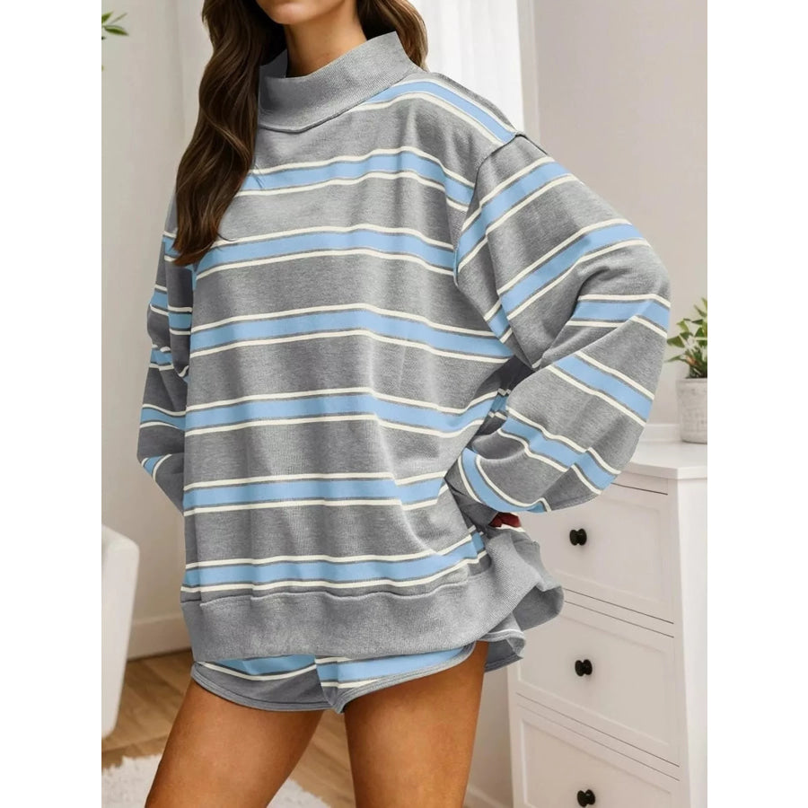 Striped Mock Neck Long Sleeve Sweatshirt and Shorts Set Apparel Accessories