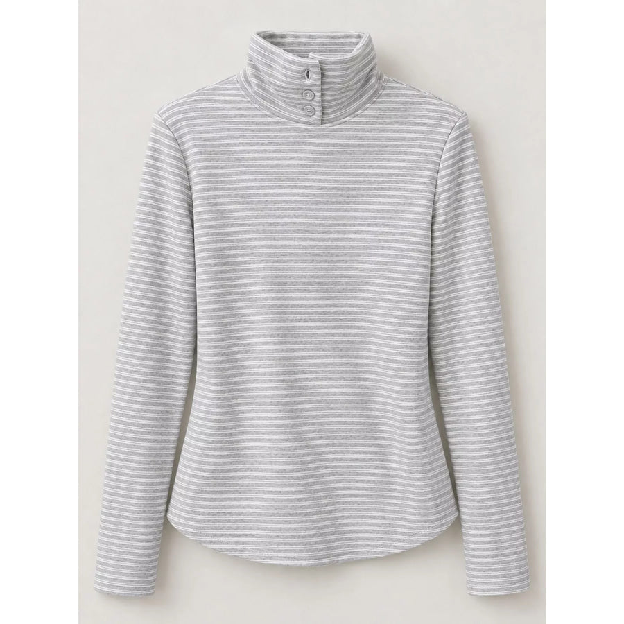 Striped Mock Neck Long Sleeve T-Shirt with Button Detail Apparel and Accessories