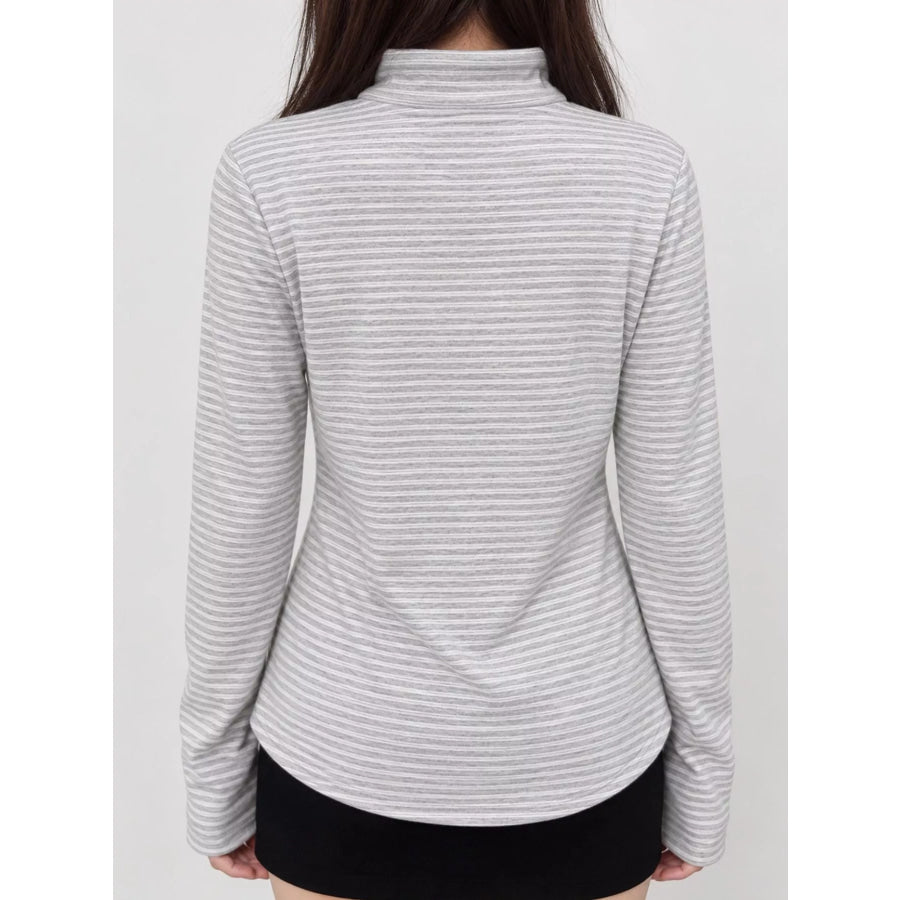 Striped Mock Neck Long Sleeve T-Shirt with Button Detail Apparel and Accessories