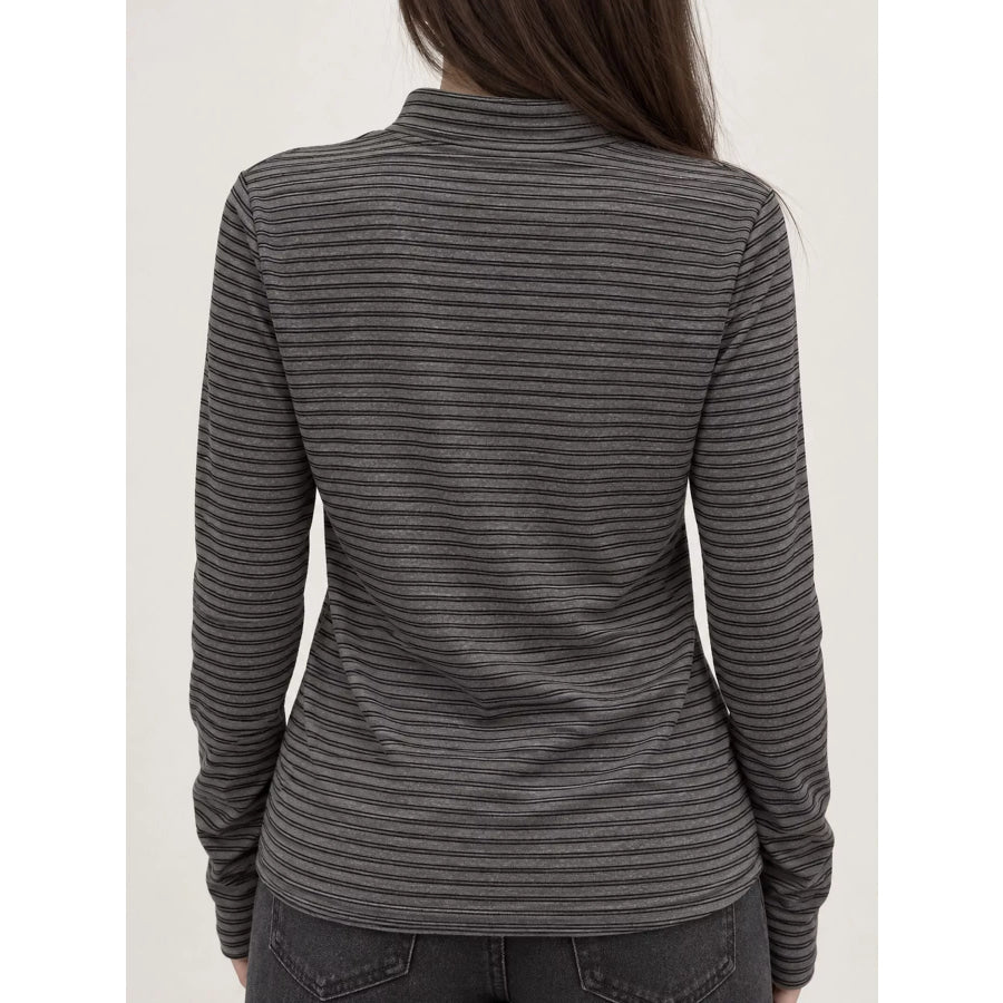 Striped Mock Neck Long Sleeve T-Shirt with Button Detail Apparel and Accessories