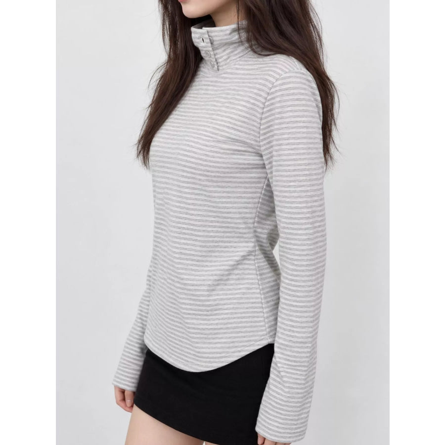 Striped Mock Neck Long Sleeve T-Shirt with Button Detail Apparel and Accessories