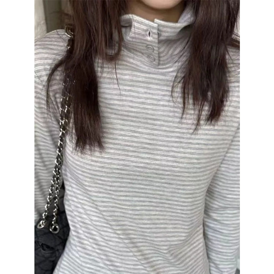 Striped Mock Neck Long Sleeve T-Shirt with Button Detail Apparel and Accessories