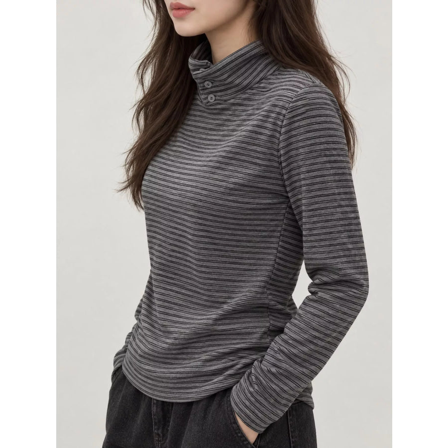 Striped Mock Neck Long Sleeve T-Shirt with Button Detail Apparel and Accessories