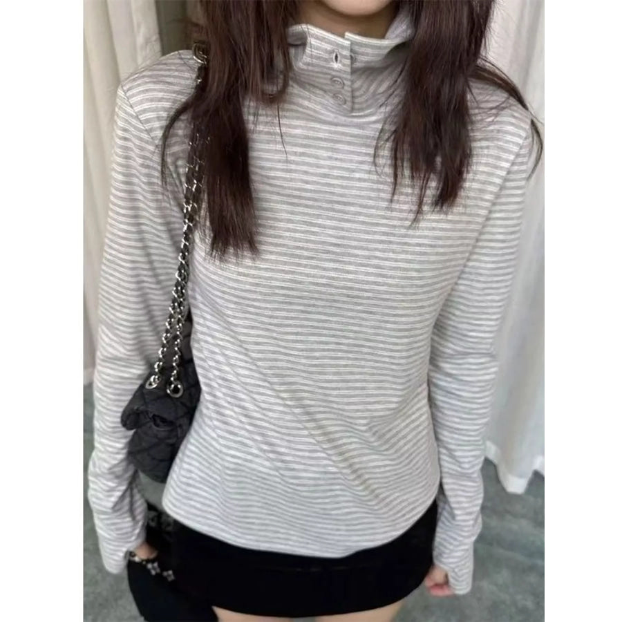 Striped Mock Neck Long Sleeve T-Shirt with Button Detail Light Gray / S Apparel and Accessories