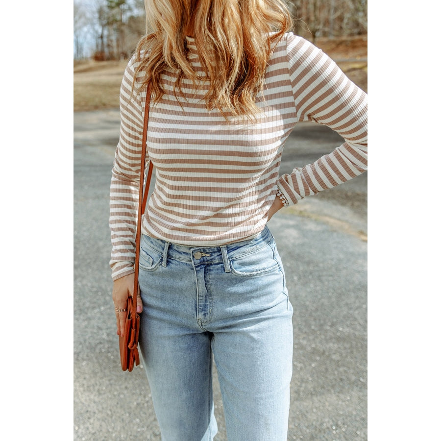 Striped Mock Neck Long Sleeve Top