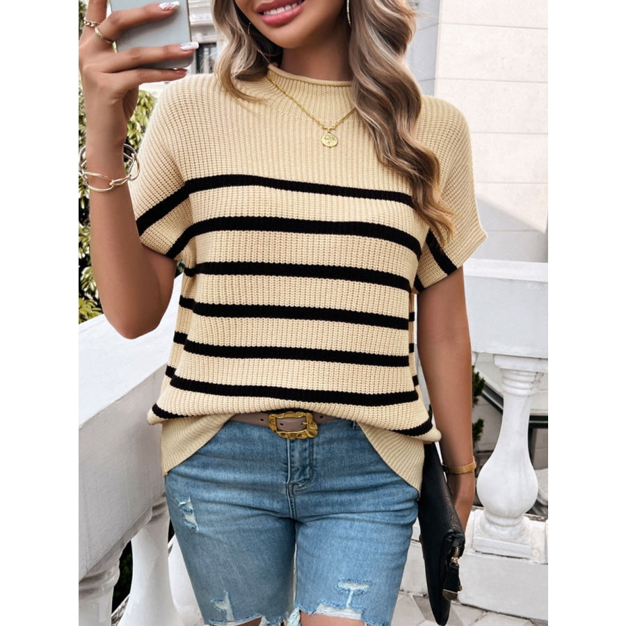 Striped Mock Neck Short Sleeve Sweater Apparel and Accessories