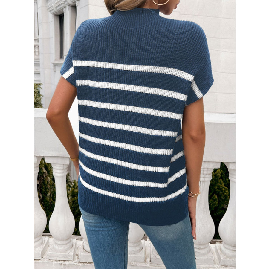 Striped Mock Neck Short Sleeve Sweater Apparel and Accessories