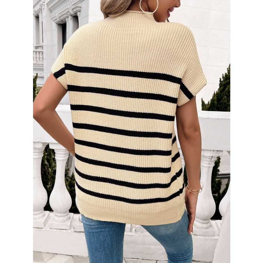 Striped Mock Neck Short Sleeve Sweater Apparel and Accessories